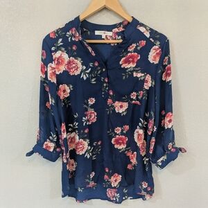 Wishful Park Navy Floral Blouse | Button-Up with Tie Cuff Sleeves | Medium